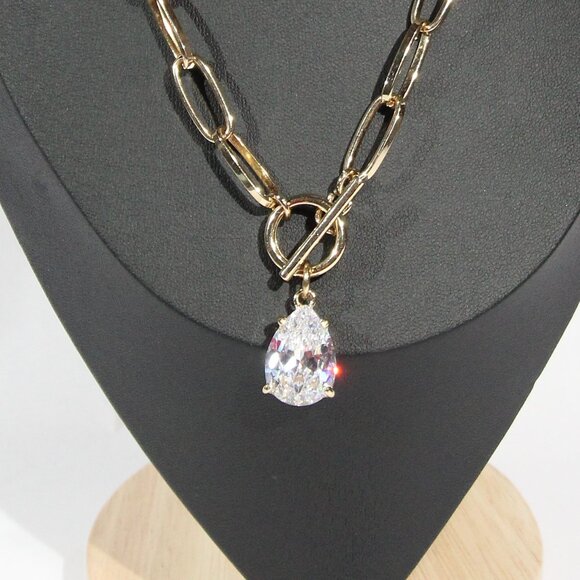 Gold Tone Paper Clip Link Necklace with a Clear Crystal Pendant - Picture 2 of 9